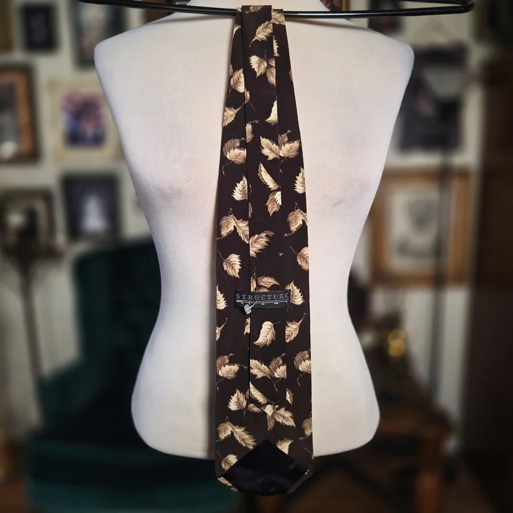 Structure Silk Tie Vintage 90s Brown Tan Leaf Print Mens Necktie Made in USA NOS